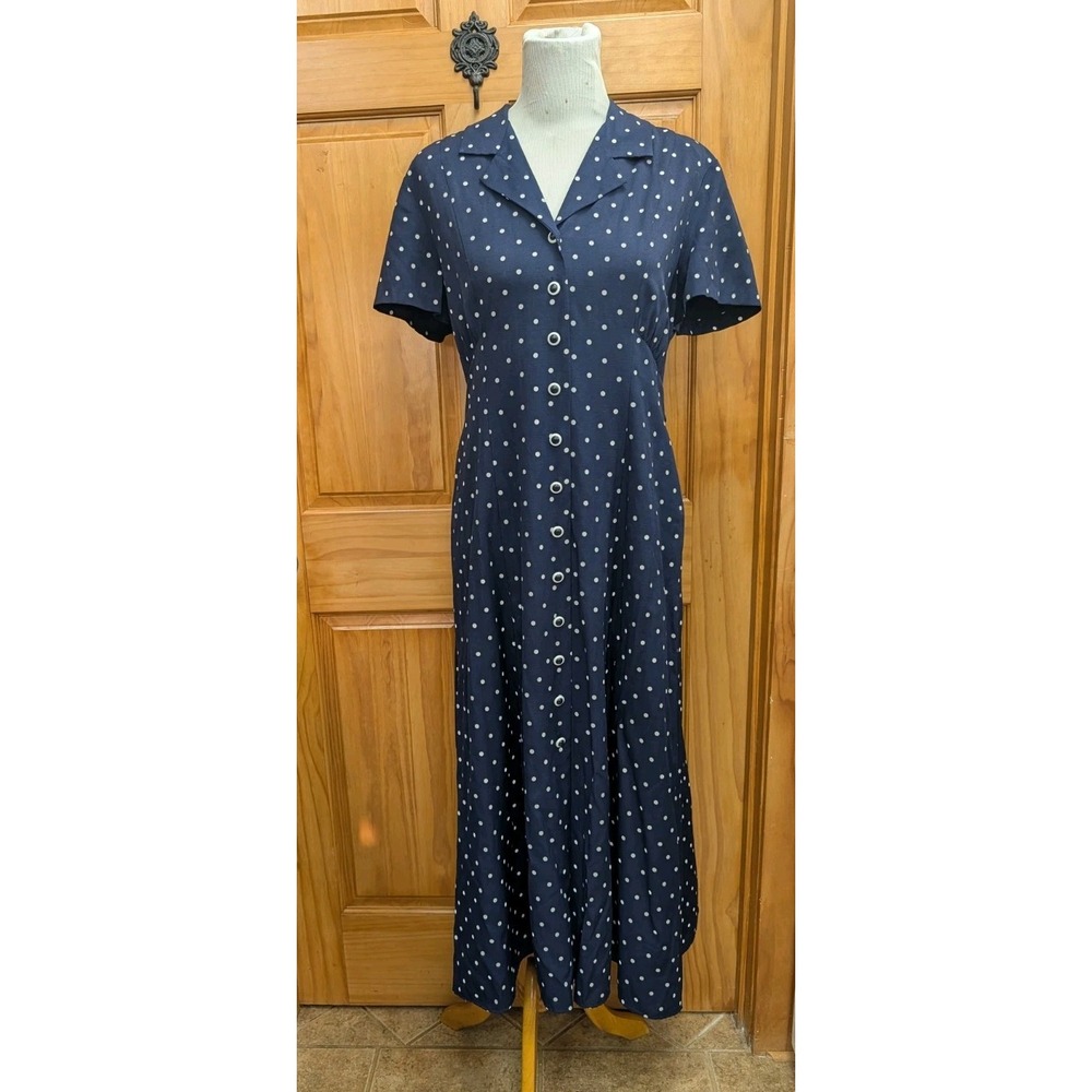Dress Barn Women's 14 Dress Navy White Polka Dot Cottage Fit & Flare 90's Vibe